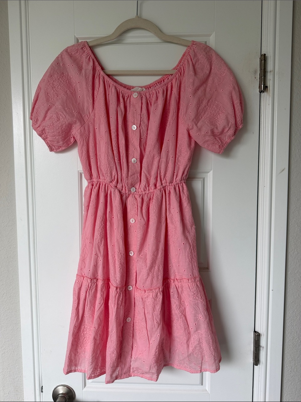 Pink Eyelet Button-Front Mini Dress with Puff Sleeves